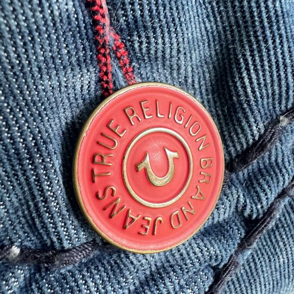 TRUE RELIGION Ricky Flap Super T Corduroys Indigo Blue & Red Pants Size 44 RARE - Picture 5 of 13